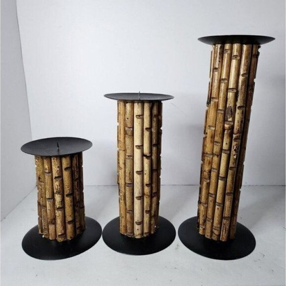 𝅺VINTAGE Tall Cylinder Bamboo Candle Holders Set Of Three Rustic Bohemian